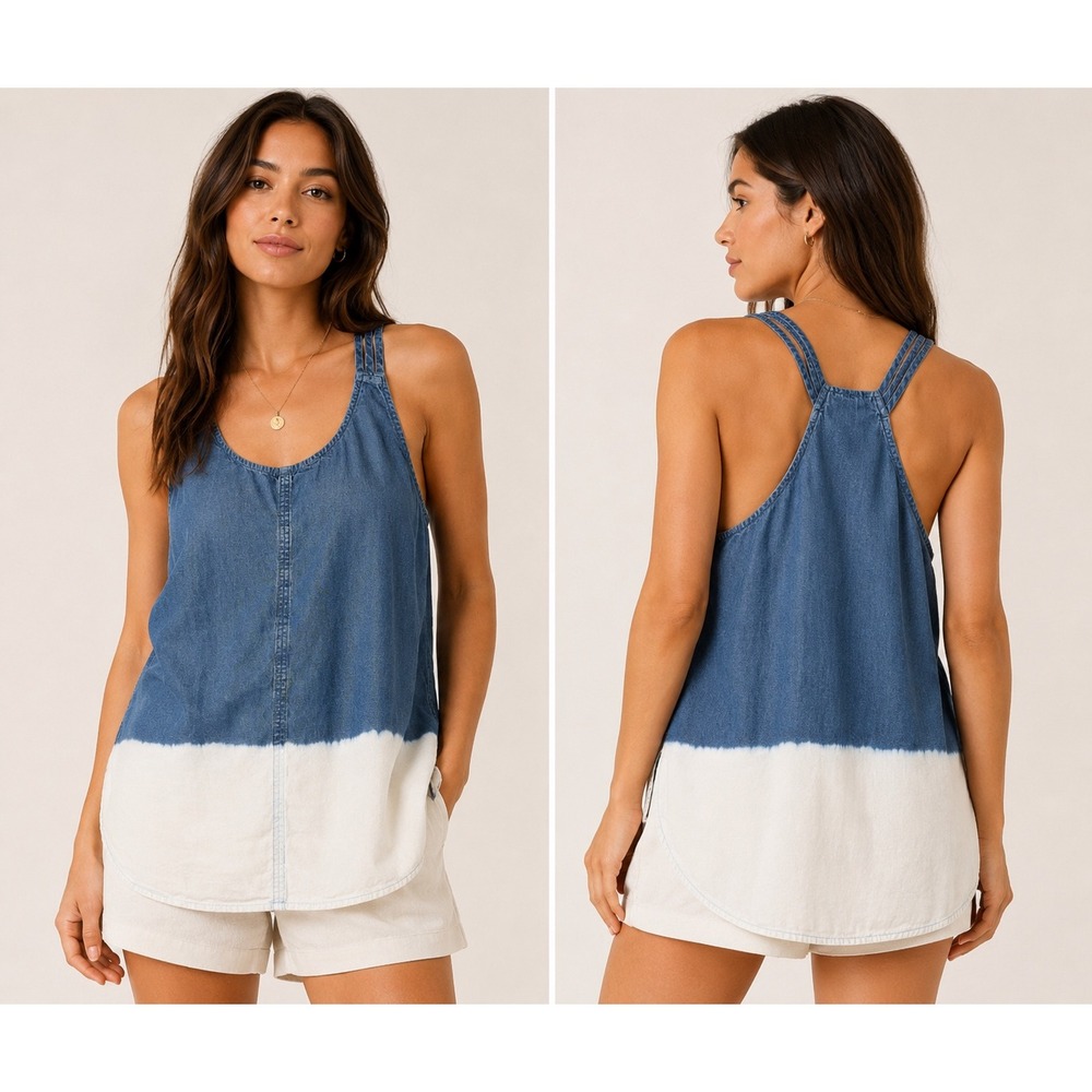 Splendid Womens Large Blue White Dip Dye Tencel Tank Top Multi Strap ST10363PD
